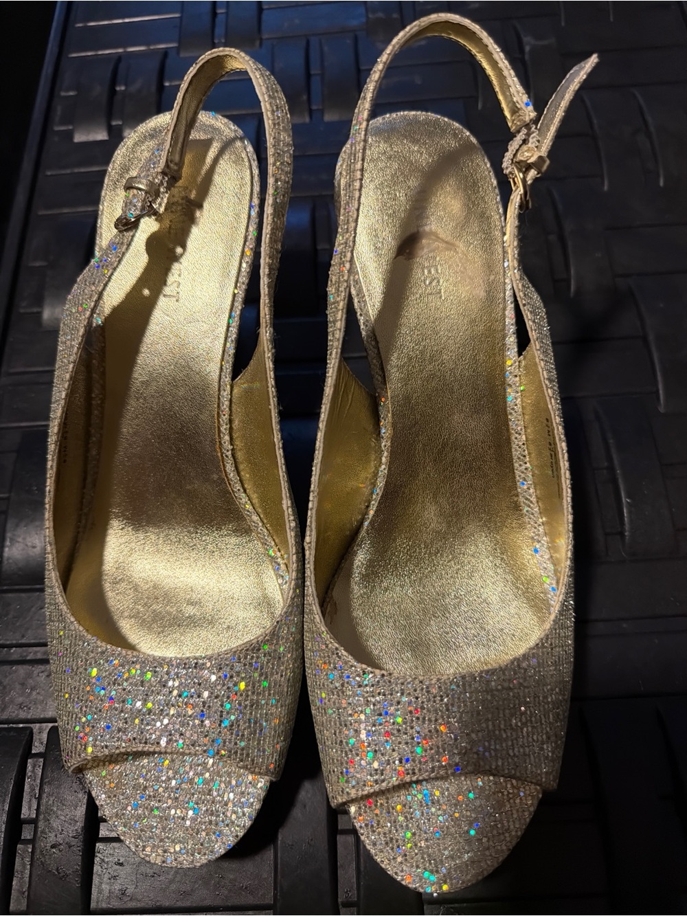 Nine West Gold Holographic Glitter Peep-Toe Slingback Platform Heels